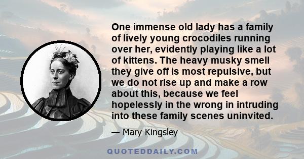 One immense old lady has a family of lively young crocodiles running over her, evidently playing like a lot of kittens. The heavy musky smell they give off is most repulsive, but we do not rise up and make a row about