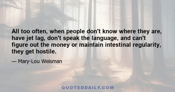 All too often, when people don't know where they are, have jet lag, don't speak the language, and can't figure out the money or maintain intestinal regularity, they get hostile.