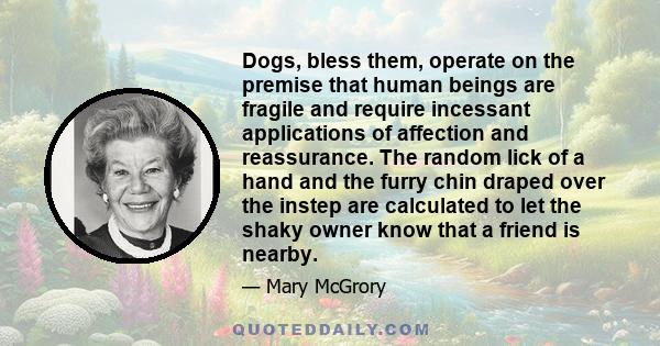 Dogs, bless them, operate on the premise that human beings are fragile and require incessant applications of affection and reassurance. The random lick of a hand and the furry chin draped over the instep are calculated