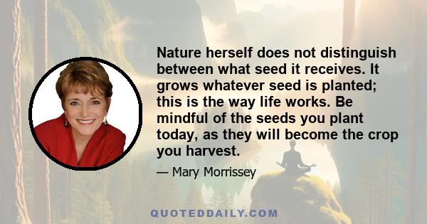 Nature herself does not distinguish between what seed it receives. It grows whatever seed is planted; this is the way life works. Be mindful of the seeds you plant today, as they will become the crop you harvest.