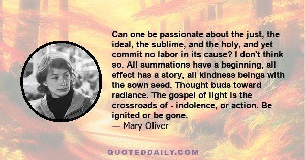 Can one be passionate about the just, the ideal, the sublime, and the holy, and yet commit no labor in its cause? I don't think so. All summations have a beginning, all effect has a story, all kindness beings with the