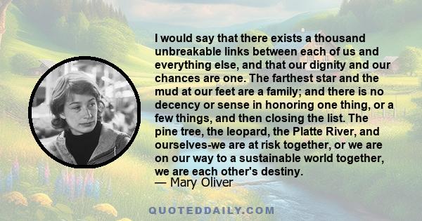 I would say that there exists a thousand unbreakable links between each of us and everything else, and that our dignity and our chances are one. The farthest star and the mud at our feet are a family; and there is no