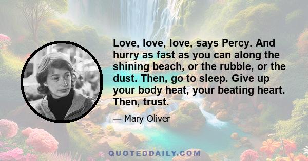 Love, love, love, says Percy. And hurry as fast as you can along the shining beach, or the rubble, or the dust. Then, go to sleep. Give up your body heat, your beating heart. Then, trust.