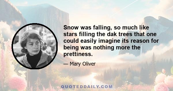 Snow was falling, so much like stars filling the dak trees that one could easily imagine its reason for being was nothing more the prettiness.