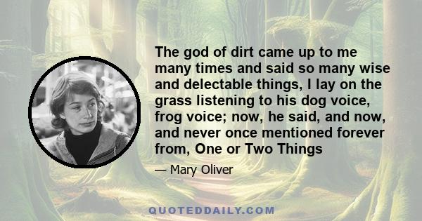 The god of dirt came up to me many times and said so many wise and delectable things, I lay on the grass listening to his dog voice, frog voice; now, he said, and now, and never once mentioned forever from, One or Two