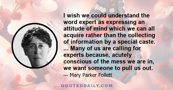 I wish we could understand the word expert as expressing an attitude of mind which we can all acquire rather than the collecting of information by a special caste. ... Many of us are calling for experts because, acutely 