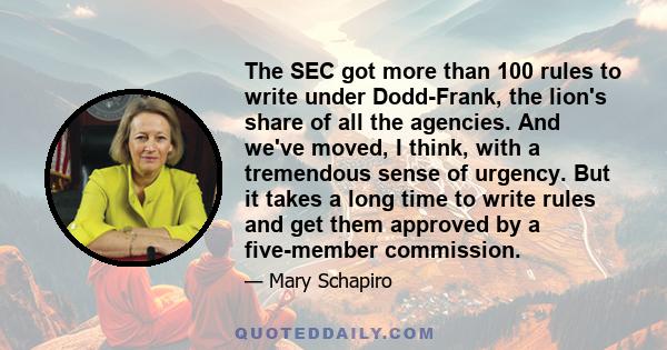 The SEC got more than 100 rules to write under Dodd-Frank, the lion's share of all the agencies. And we've moved, I think, with a tremendous sense of urgency. But it takes a long time to write rules and get them