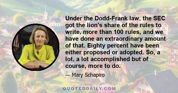 Under the Dodd-Frank law, the SEC got the lion's share of the rules to write, more than 100 rules, and we have done an extraordinary amount of that. Eighty percent have been either proposed or adopted. So, a lot, a lot