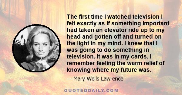 The first time I watched television I felt exactly as if something important had taken an elevator ride up to my head and gotten off and turned on the light in my mind. I knew that I was going to do something in