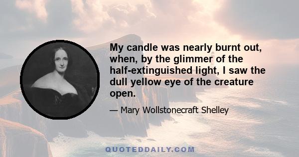 My candle was nearly burnt out, when, by the glimmer of the half-extinguished light, I saw the dull yellow eye of the creature open.