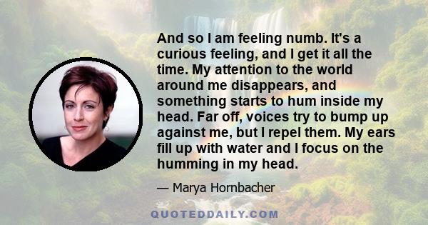 And so I am feeling numb. It's a curious feeling, and I get it all the time. My attention to the world around me disappears, and something starts to hum inside my head. Far off, voices try to bump up against me, but I