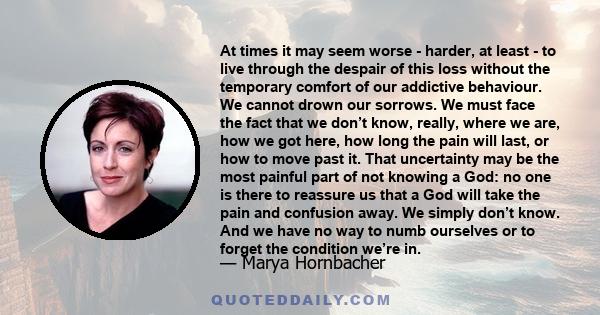 At times it may seem worse - harder, at least - to live through the despair of this loss without the temporary comfort of our addictive behaviour. We cannot drown our sorrows. We must face the fact that we don’t know,