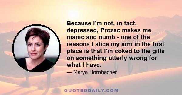 Because I'm not, in fact, depressed, Prozac makes me manic and numb - one of the reasons I slice my arm in the first place is that I'm coked to the gills on something utterly wrong for what I have.