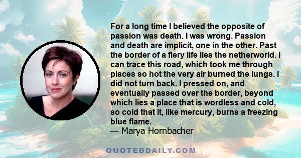 For a long time I believed the opposite of passion was death. I was wrong. Passion and death are implicit, one in the other. Past the border of a fiery life lies the netherworld. I can trace this road, which took me