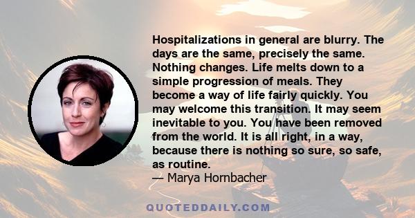 Hospitalizations in general are blurry. The days are the same, precisely the same. Nothing changes. Life melts down to a simple progression of meals. They become a way of life fairly quickly. You may welcome this