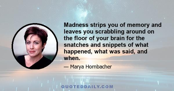 Madness strips you of memory and leaves you scrabbling around on the floor of your brain for the snatches and snippets of what happened, what was said, and when.