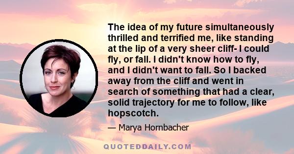 The idea of my future simultaneously thrilled and terrified me, like standing at the lip of a very sheer cliff- I could fly, or fall. I didn't know how to fly, and I didn't want to fall. So I backed away from the cliff