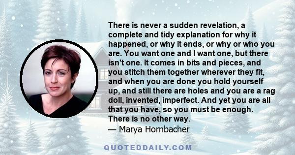 There is never a sudden revelation, a complete and tidy explanation for why it happened, or why it ends, or why or who you are. You want one and I want one, but there isn't one. It comes in bits and pieces, and you