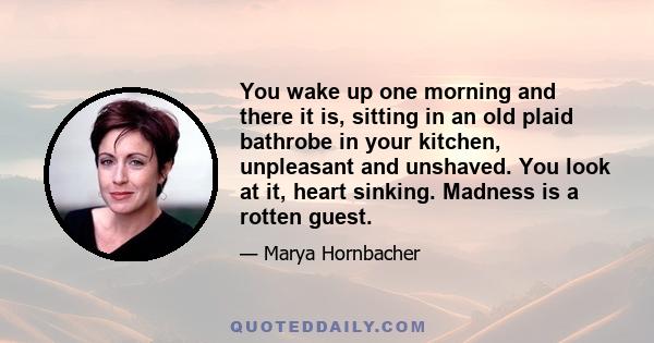 You wake up one morning and there it is, sitting in an old plaid bathrobe in your kitchen, unpleasant and unshaved. You look at it, heart sinking. Madness is a rotten guest.