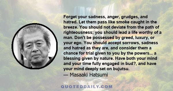 Forget your sadness, anger, grudges, and hatred. Let them pass like smoke caught in the breeze. You should not deviate from the path of righteousness; you should lead a life worthy of a man. Don't be possessed by greed, 