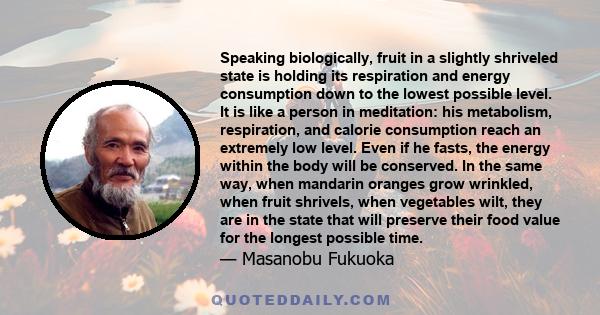 Speaking biologically, fruit in a slightly shriveled state is holding its respiration and energy consumption down to the lowest possible level. It is like a person in meditation: his metabolism, respiration, and calorie 