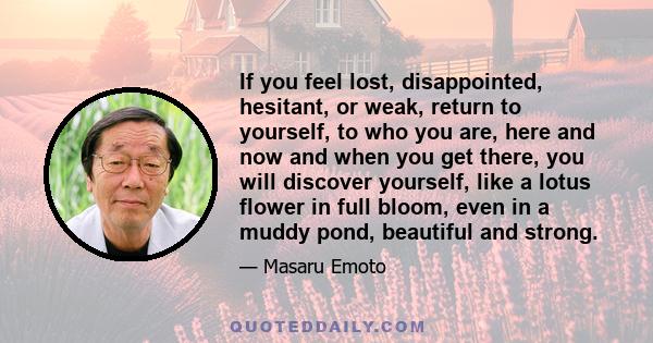 If you feel lost, disappointed, hesitant, or weak, return to yourself, to who you are, here and now and when you get there, you will discover yourself, like a lotus flower in full bloom, even in a muddy pond, beautiful