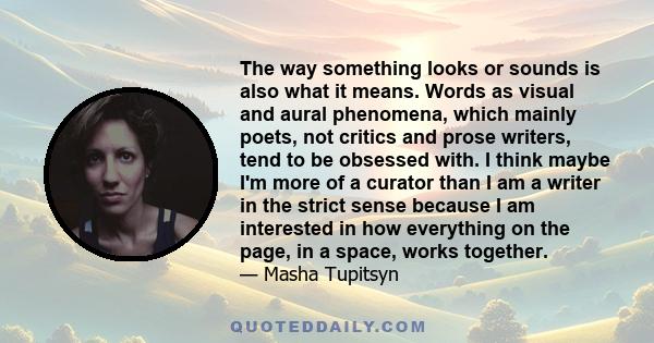 The way something looks or sounds is also what it means. Words as visual and aural phenomena, which mainly poets, not critics and prose writers, tend to be obsessed with. I think maybe I'm more of a curator than I am a