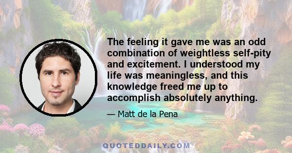 The feeling it gave me was an odd combination of weightless self-pity and excitement. I understood my life was meaningless, and this knowledge freed me up to accomplish absolutely anything.