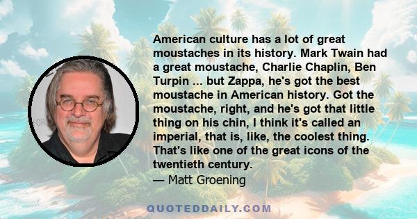 American culture has a lot of great moustaches in its history. Mark Twain had a great moustache, Charlie Chaplin, Ben Turpin ... but Zappa, he's got the best moustache in American history. Got the moustache, right, and