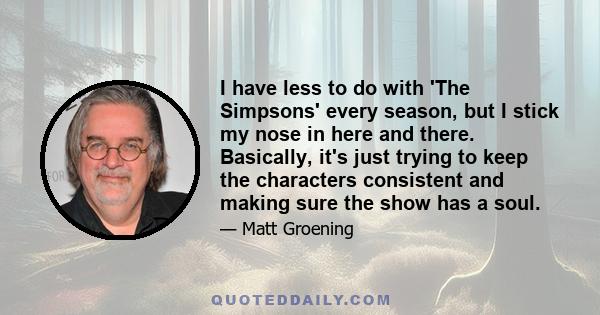 I have less to do with 'The Simpsons' every season, but I stick my nose in here and there. Basically, it's just trying to keep the characters consistent and making sure the show has a soul.