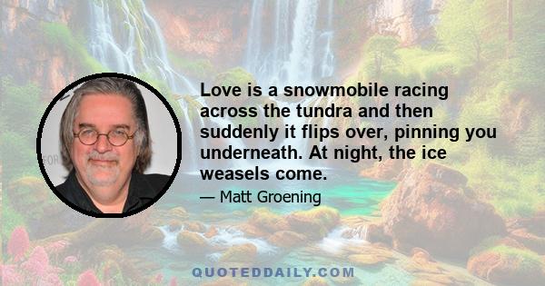 Love is a snowmobile racing across the tundra and then suddenly it flips over, pinning you underneath. At night, the ice weasels come.