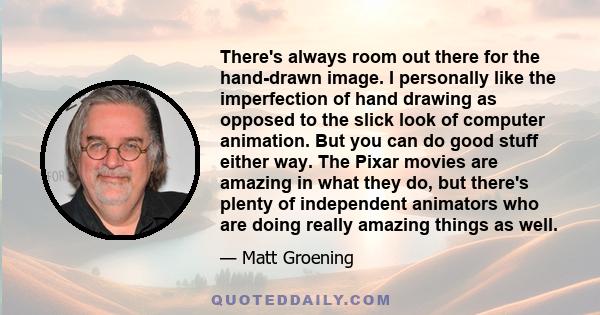 There's always room out there for the hand-drawn image. I personally like the imperfection of hand drawing as opposed to the slick look of computer animation. But you can do good stuff either way. The Pixar movies are