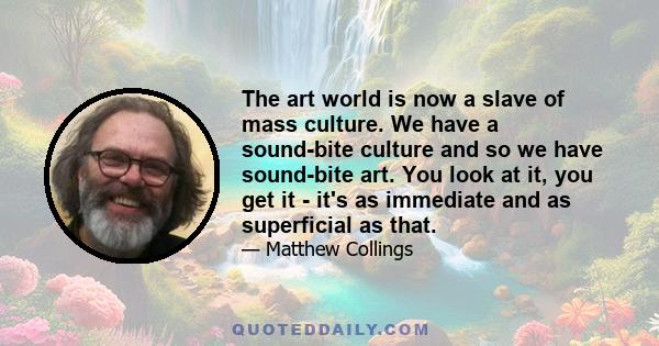 The art world is now a slave of mass culture. We have a sound-bite culture and so we have sound-bite art. You look at it, you get it - it's as immediate and as superficial as that.