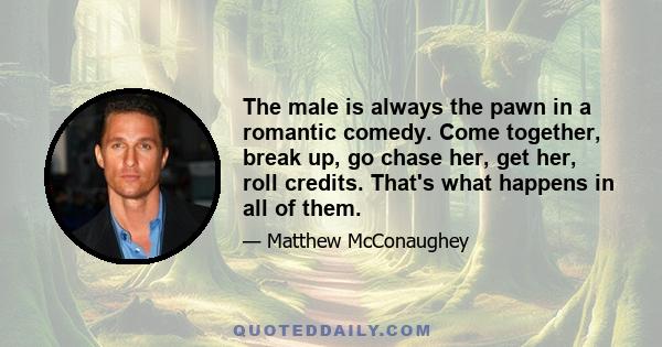 The male is always the pawn in a romantic comedy. Come together, break up, go chase her, get her, roll credits. That's what happens in all of them.