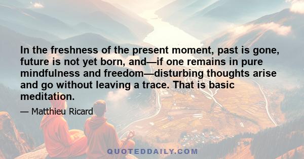 In the freshness of the present moment, past is gone, future is not yet born, and—if one remains in pure mindfulness and freedom—disturbing thoughts arise and go without leaving a trace. That is basic meditation.