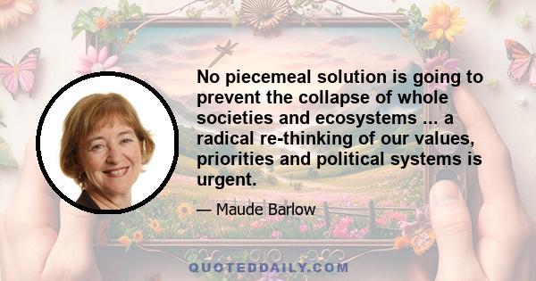 No piecemeal solution is going to prevent the collapse of whole societies and ecosystems ... a radical re-thinking of our values, priorities and political systems is urgent.