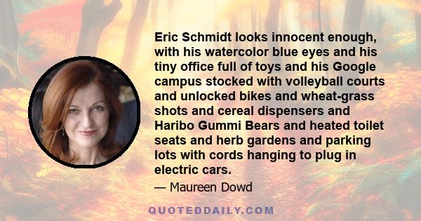 Eric Schmidt looks innocent enough, with his watercolor blue eyes and his tiny office full of toys and his Google campus stocked with volleyball courts and unlocked bikes and wheat-grass shots and cereal dispensers and