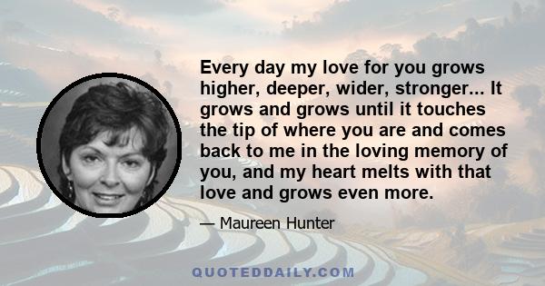 Every day my love for you grows higher, deeper, wider, stronger... It grows and grows until it touches the tip of where you are and comes back to me in the loving memory of you, and my heart melts with that love and