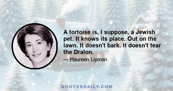 A tortoise is, I suppose, a Jewish pet. It knows its place. Out on the lawn. It doesn't bark. It doesn't tear the Dralon.