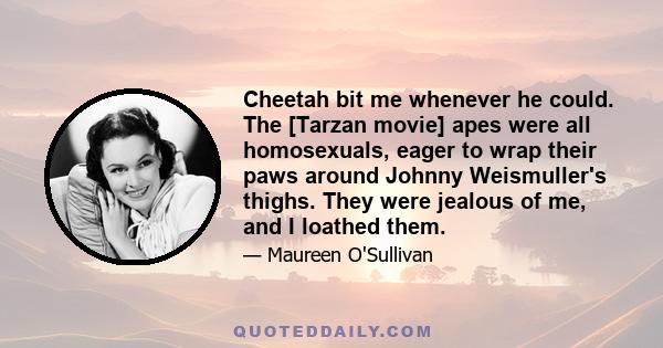 Cheetah bit me whenever he could. The [Tarzan movie] apes were all homosexuals, eager to wrap their paws around Johnny Weismuller's thighs. They were jealous of me, and I loathed them.