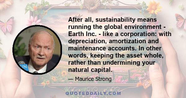 After all, sustainability means running the global environment - Earth Inc. - like a corporation: with depreciation, amortization and maintenance accounts. In other words, keeping the asset whole, rather than