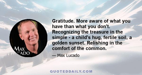 Gratitude. More aware of what you have than what you don't. Recognizing the treasure in the simple - a child's hug, fertile soil, a golden sunset. Relishing in the comfort of the common.