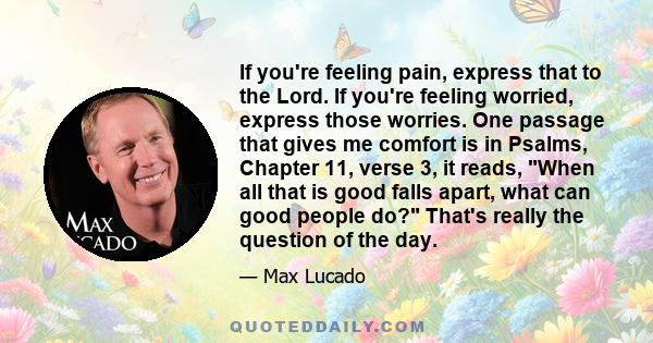 If you're feeling pain, express that to the Lord. If you're feeling worried, express those worries. One passage that gives me comfort is in Psalms, Chapter 11, verse 3, it reads, When all that is good falls apart, what