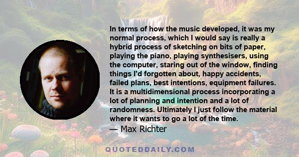 In terms of how the music developed, it was my normal process, which I would say is really a hybrid process of sketching on bits of paper, playing the piano, playing synthesisers, using the computer, staring out of the