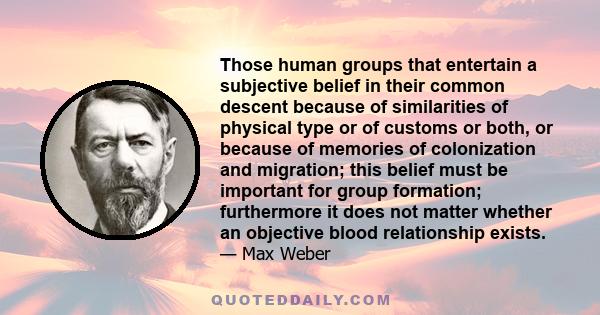 Those human groups that entertain a subjective belief in their common descent because of similarities of physical type or of customs or both, or because of memories of colonization and migration; this belief must be