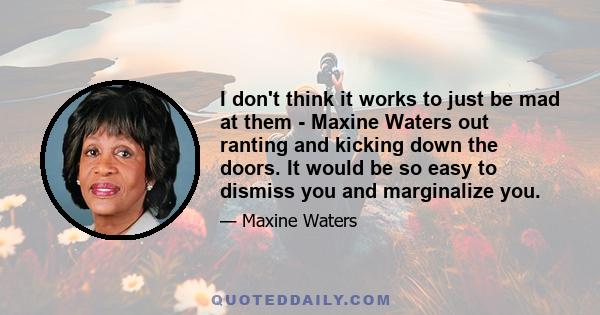 I don't think it works to just be mad at them - Maxine Waters out ranting and kicking down the doors. It would be so easy to dismiss you and marginalize you.