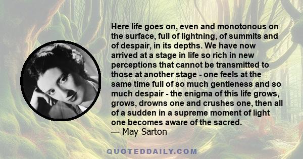 Here life goes on, even and monotonous on the surface, full of lightning, of summits and of despair, in its depths. We have now arrived at a stage in life so rich in new perceptions that cannot be transmitted to those