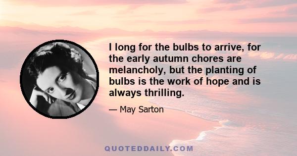 I long for the bulbs to arrive, for the early autumn chores are melancholy, but the planting of bulbs is the work of hope and is always thrilling.