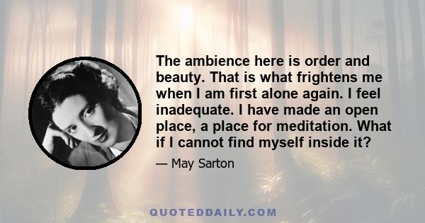 The ambience here is order and beauty. That is what frightens me when I am first alone again. I feel inadequate. I have made an open place, a place for meditation. What if I cannot find myself inside it?