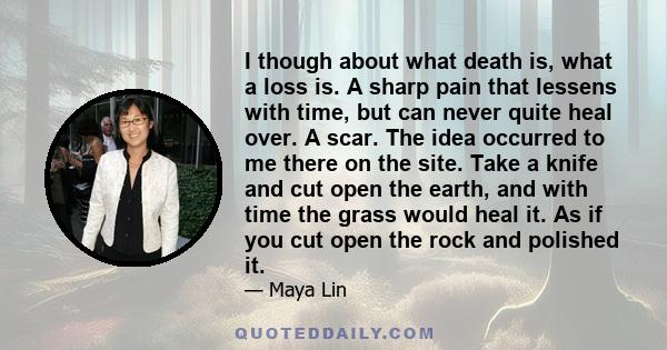 I though about what death is, what a loss is. A sharp pain that lessens with time, but can never quite heal over. A scar. The idea occurred to me there on the site. Take a knife and cut open the earth, and with time the 